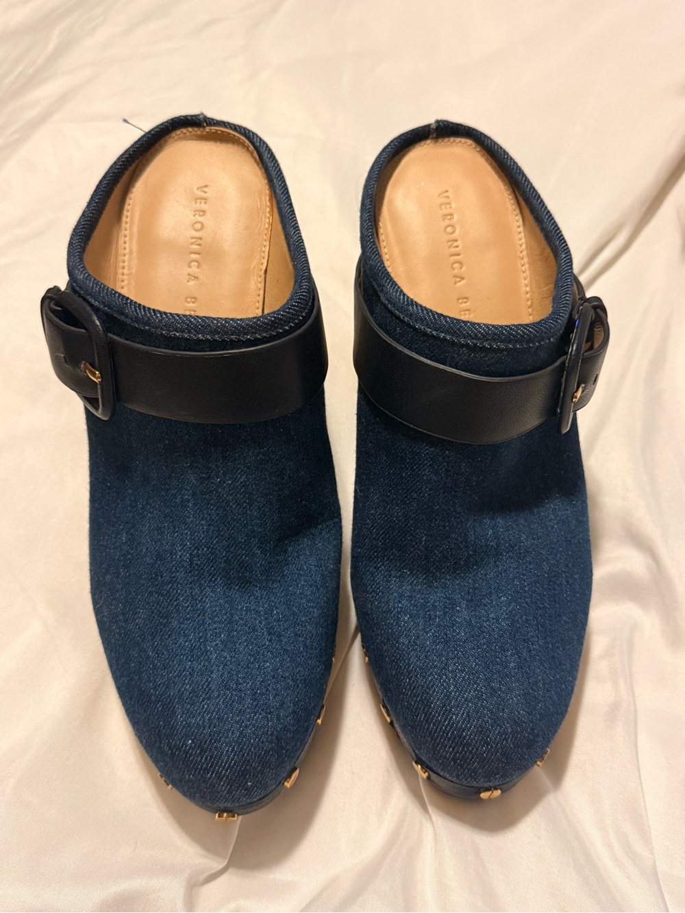 Veronica Beard Navy Denim Mule Clogs with Black Strap women’s size 9
